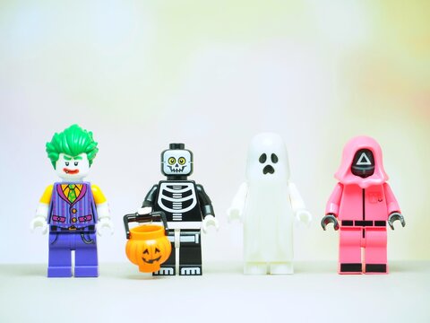 Indonesia - September 11, 2023 : Mini toy at table with blurred background. Halloween party concept design.