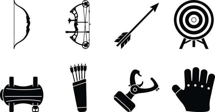 Archery equipment icon set featuring bows arrows target quiver release aid and protective glove