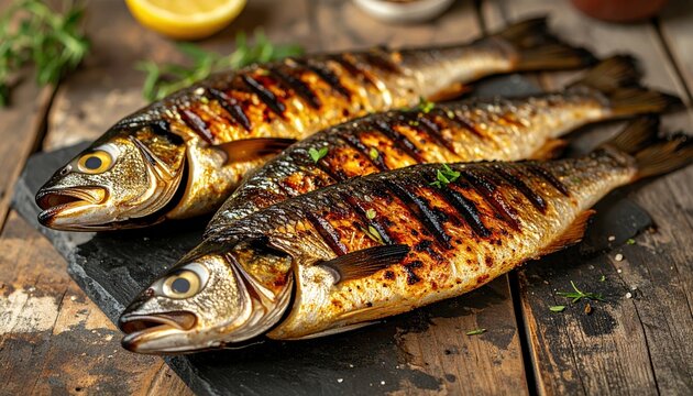 Three whole grilled fish with golden char marks arranged diagonally on a rustic seafood table, 3D Illustration.