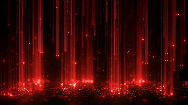 Glowing red vertical light beams streaming downwards onto a dark digital circuit surface creating intense atmosphere for modern technology backgrounds