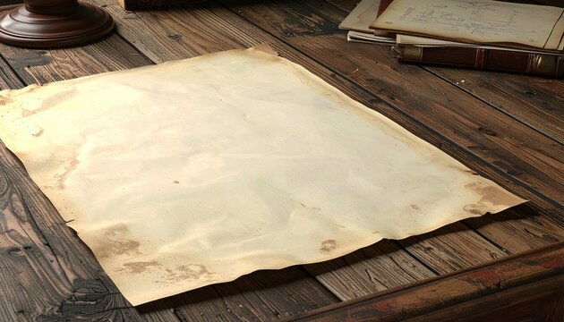 Vintage blank stained paper sheet 3D Illustration on an antique wooden desk