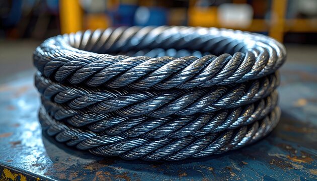 Strong metallic wire rope with twisted strands coiled on an industrial workbench, 3D Illustration, detailed steel texture.