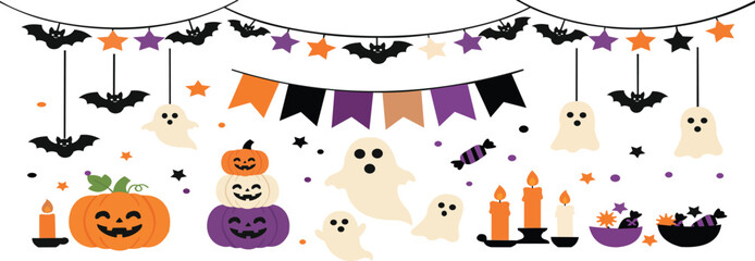 Naklejka premium Halloween Garland Bunting Decoration Set with Pumpkin Ghost Bat Spooky Autumn Holiday Party Elements Vector Illustration Graphic Design Artwork