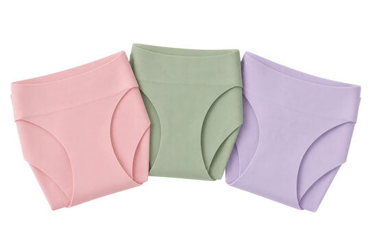 Women's brief underwear, seamless multipack, smooth microfiber, pink, sage and lavender, clean bonded edge construction. Flat lay top view isolated on white background for fashion e-commerce catalog.