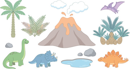 Cute Cartoon Dinosaur Illustration Collection Featuring Volcano, Brontosaurus, Triceratops, Stegosaurus, Pterodactyl, Palm Trees, Tropical Plants, and Prehistoric Landscape © MdShakil