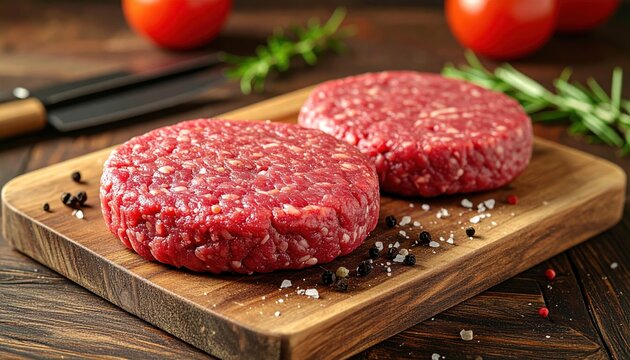 Two fresh raw ground beef burger patties resting on a wooden cutting board beside grilling tools, 3D Illustration.