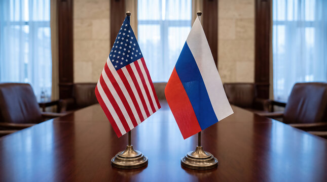 United States and Russia flags displayed together on a diplomatic conference table, symbolizing international relations, negotiations, geopolitical tensions, and bilateral diplomacy.