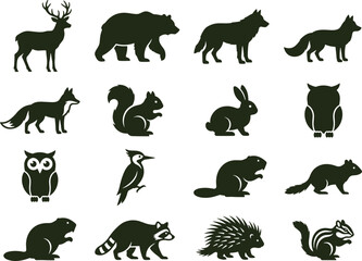 Obraz premium Collection of wild animal silhouettes featuring deer, bear, wolf, fox, squirrel, rabbit, owl, woodpecker, beaver, raccoon, porcupine, chipmunk