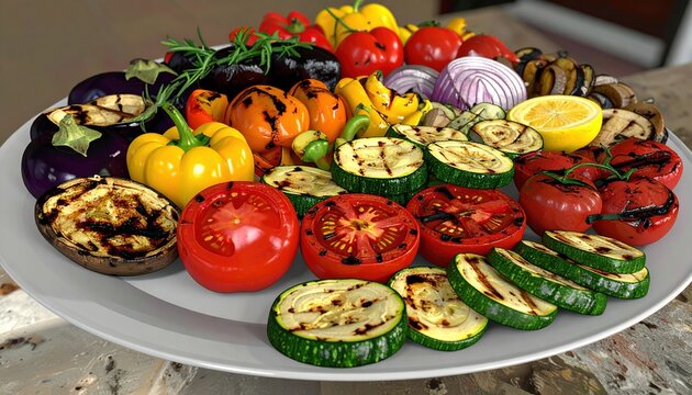 Assortment of grilled zucchini, bell peppers, eggplant, tomatoes, onions and mushrooms arranged on a large platter, 3D Illustration.