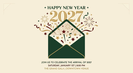 Naklejka premium Elegant new year 2027 invitation card design with a green envelope and festive confetti elements on a light cream background