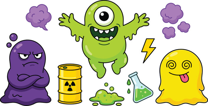Cute Halloween Monster Character Collection Featuring Green Cyclops, Purple Blob, Yellow Ghost, Toxic Slime, Laboratory Flask, Radiation Barrel, and Lightning
