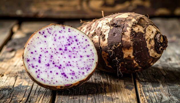 Whole taro root beside a sliced piece showing purple speckles on a rustic farm table, 3D Illustration, earthy textures.