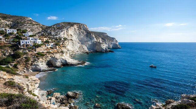 Mediterranean village nestled on rugged cliffs overlooking azure sea with distant boat and clear sky