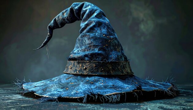 Worn wizard hat with frayed edges 3D Illustration on a mysterious fantasy background