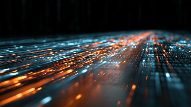 Glowing binary code streams rushing through digital cyberspace representing massive data transfer and high speed network communication in vibrant colors