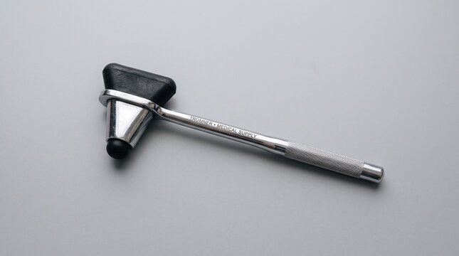 Neurological reflex mallet with chrome handle placed horizontally on smooth gray surface studio shot