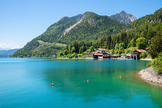 Urfeld, on the northern shore lake Walchensee. Fahrenbergkopf and Herzogstand mountains.