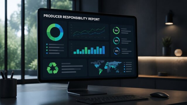 Producer responsibility report on a desktop screen showing recycling charts and a world map in a dark office lit by daylight from a tall window with green trees