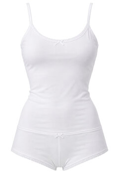 Women's camisole brief combination underwear, cotton stretch, white, two-piece appearance as one garment. Ghost mannequin view isolated on white background for fashion e-commerce catalog.