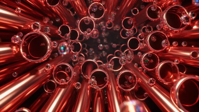 Abstract copper pipes and floating glass spheres motion background, metal tubes