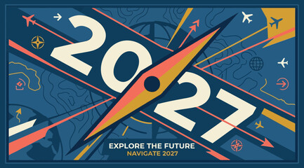 Explore the future 2027 travel and navigation themed graphic design © Saharia