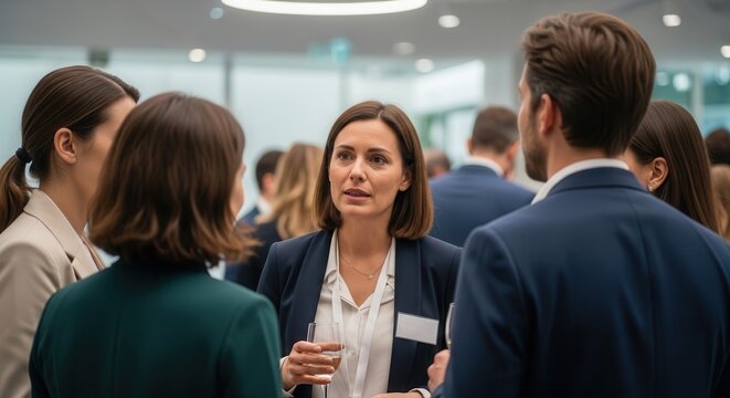Professional business people networking and talking together at a corporate cocktail party event in a modern bright office hallway, holding wine glasses and wearing name tags with confident.