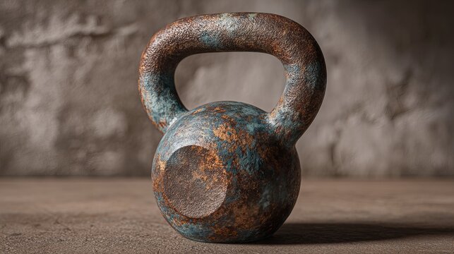 Heavy cast iron kettlebell rests on a wooden floor, conveying strength training concept for fitness and robust exercise routines
