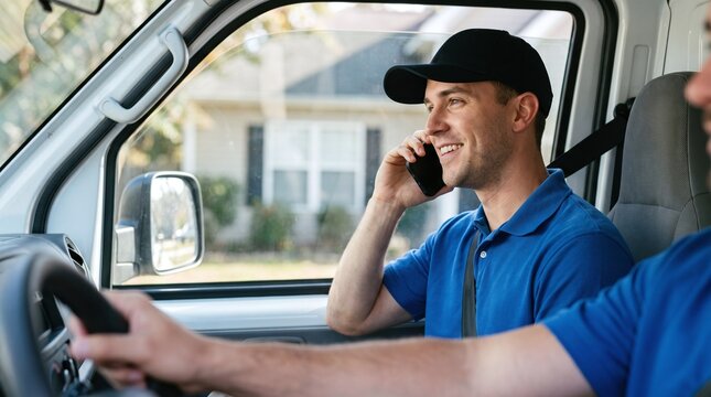 Male delivery worker wearing black cap and blue polo shirt talking on smartphone in passenger seat of vehicle