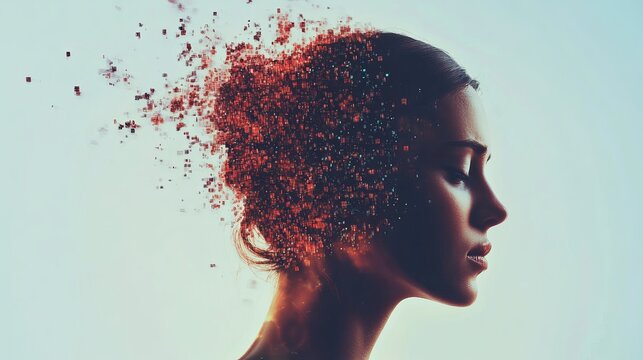 Abstract portrait of woman&rsquo;s face dissolving into particles, showcasing complex thought and creative mental process