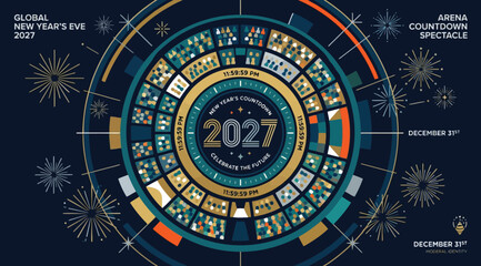Obraz premium Global new years eve 2027 arena countdown spectacle circular calendar design with festive fireworks and futuristic clock interface for holiday event promotion