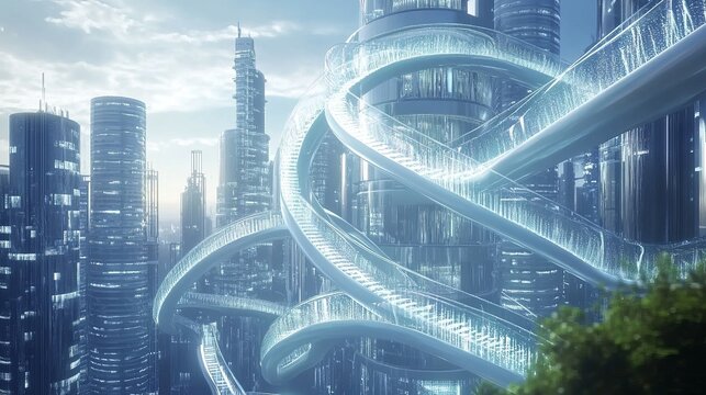 Futuristic cityscape with flowing transparent tubes, creating a dynamic, modern, and innovative urban concept for design
