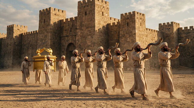 Seven priests blowing curved ram's horns (shofars) while marching solemnly around the towering stone walls of Jericho