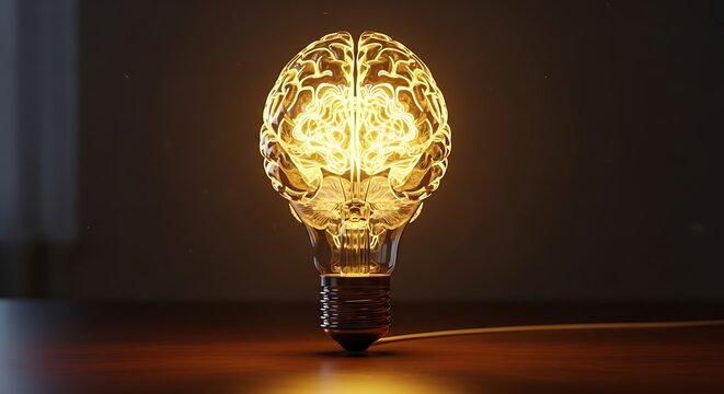 Glowing brain bulb illuminates a dark room with bright light.