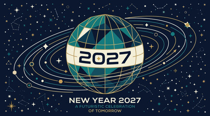 New year 2027 futuristic celebration of tomorrow banner featuring a geometric globe with planetary rings and constellations on a dark starry background © Saharia