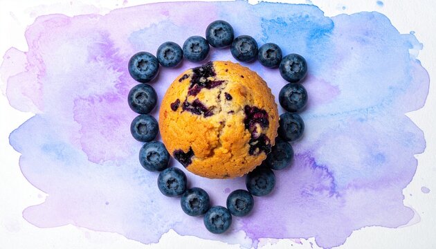 Blueberry muffin and fresh blueberries forming a heraldic shield on watercolor background