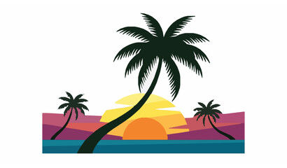 Fototapeta premium Tropical Beach Palm Silhouette with Vibrant Sunset Coastal Landscape Vector Artwork