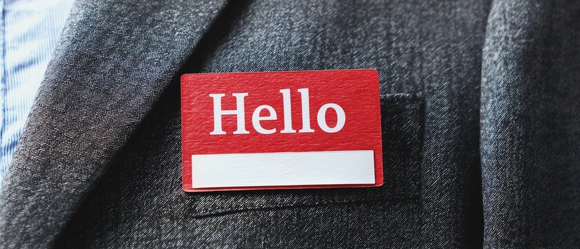 A name tag displaying 'Hello' on a suit.