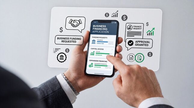 Business person using a smartphone to manage corporate financing application status on a digital