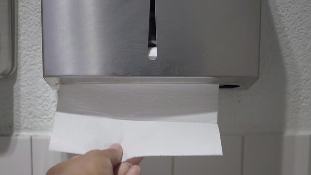 Person pulls paper towel from dispenser in public restroom