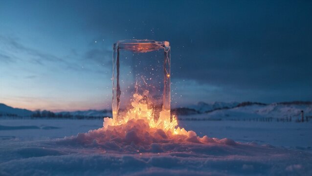 Glowing Ice Light Pillar Appearing to Burn at Base in Frozen Winter Landscape