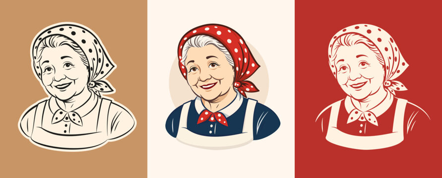 Elderly Woman in Red Polka Dot Headscarf and Apron, Smiling Grandmother and Babushka, Vintage Housewife Character for Logo and Branding, Full Color, Outline and Reverse Versions, Vector Illustration