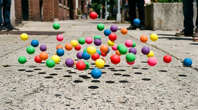 Multicolored Rubber Balls Bouncing on Urban Sidewalk