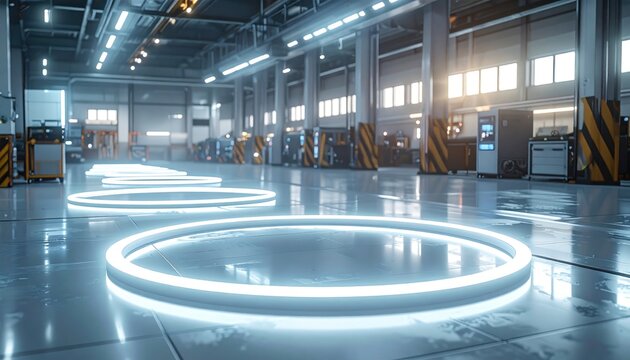 Bright, clean factory interior with glowing rings on a wet floor and rows of columns