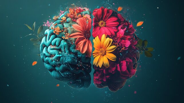 Vibrant human brain merging with flourishing flowers, representing creativity and blossoming intellect, a conceptual art piece
