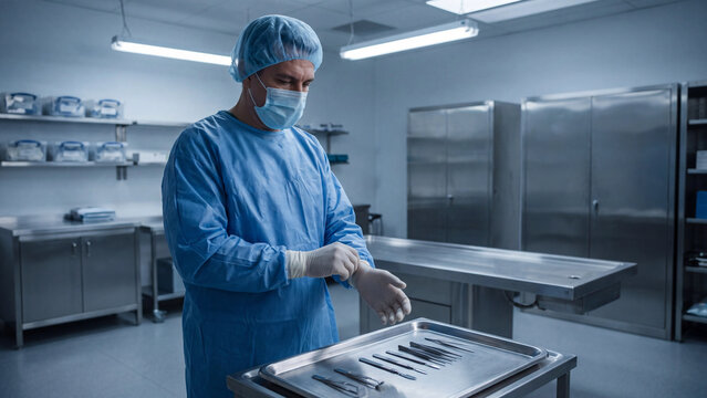 A pathologist prepares to perform an autopsy to determine the cause of death. Autopsy and morgue concept.