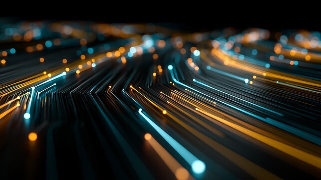 Glowing blue and orange light streaks flowing along dark circuit board pathways representing advanced high speed digital data transfer technology