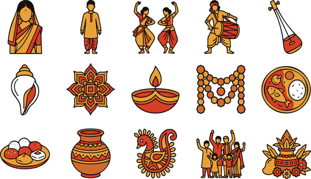 Durga Puja festival set with traditional saree kurta dhaki ektara shankh alpana panta ilish sweets terracotta and mangal kalash icons vector illustration.