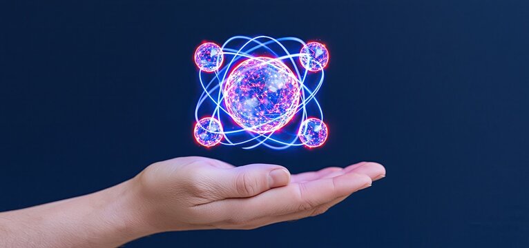 A hand presents a luminous molecular structure with rotating particles, symbolizing advanced scientific innovation.