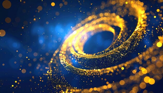 Golden particles spiraling into radiant vortex on indigo background, festive glamour