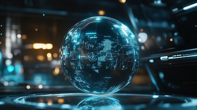 Glowing digital globe suspended in darkness, representing global network connectivity, futuristic concept, technology and data visualization